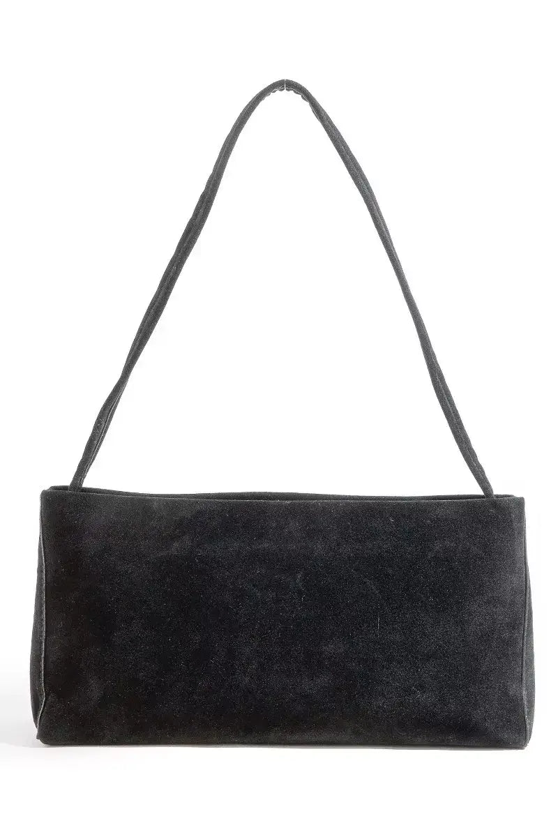 Black suede rectangle shoulder bag with long strap from Erina's Boutique