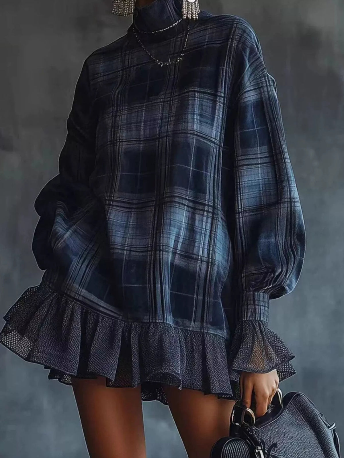 Dark plaid plus size dress clothes for women featuring long balloon sleeves and ruffle hem by Erina's Boutique