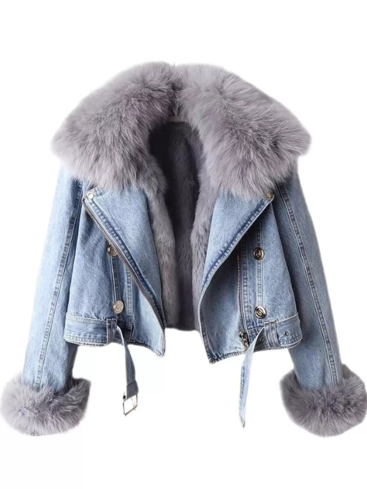 Plus size faux fur collar denim jacket in light blue with gray fur trim on collar and cuffs