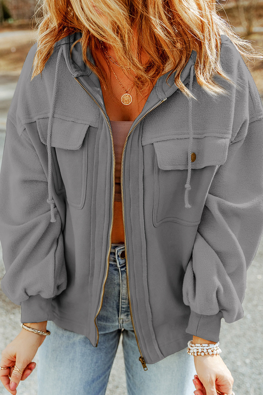 Apricot Flap Pocket Drawstring Hood Zip Up Jacket