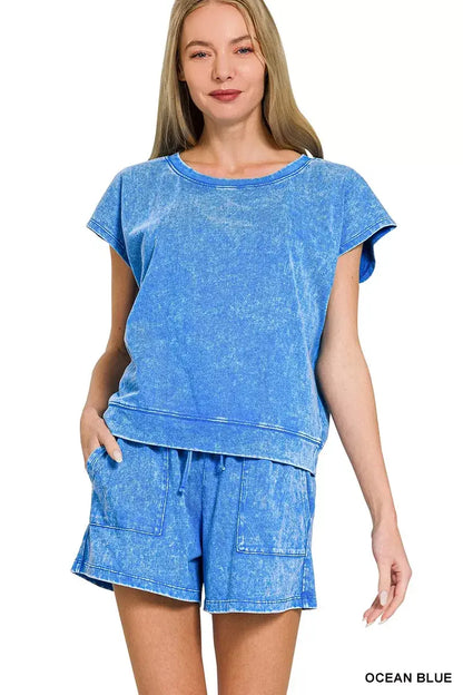 Erina's Boutique ocean blue women's loungewear set with short sleeves and relaxed shorts