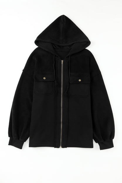 Apricot Flap Pocket Drawstring Hood Zip Up Jacket