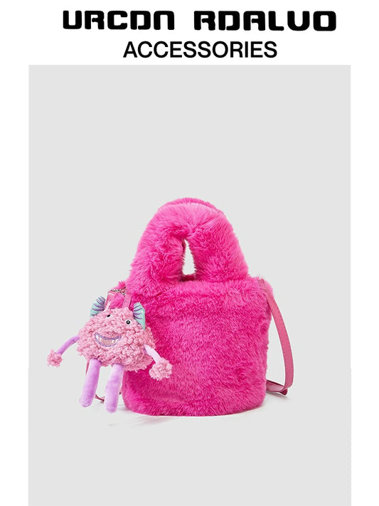 Ur Plush Bag for Women 2023 Autumn and Winter New Rose Red Handbag Doll Little Monster Furry Bucket Bag