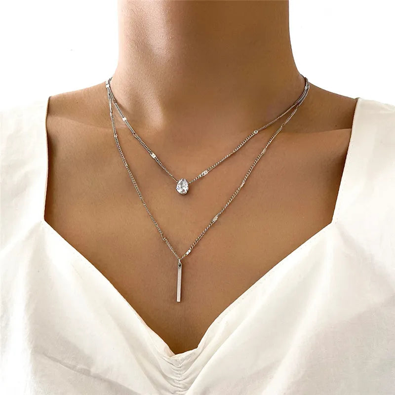 Crystal Zircon Layered Pendant Necklace Set