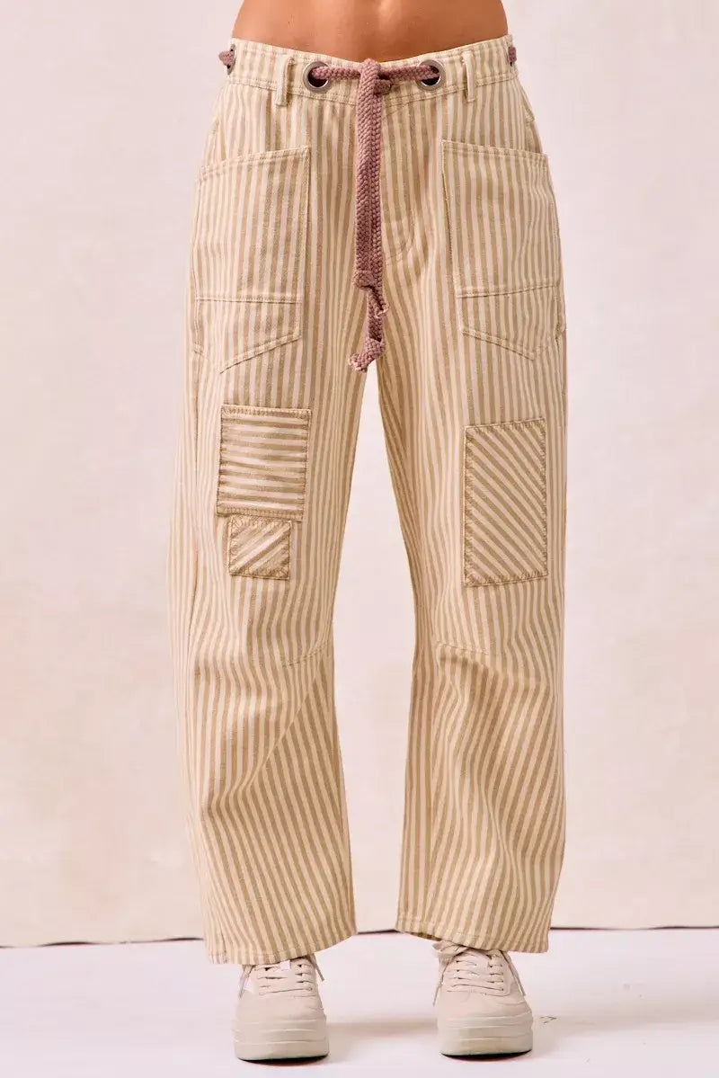 Erina's Boutique beige linen pants striped with drawstring waist and patch pockets