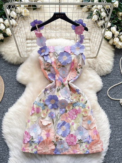 Erina's Boutique floral embroidered mini dress with colorful 3D flower appliques and thin straps