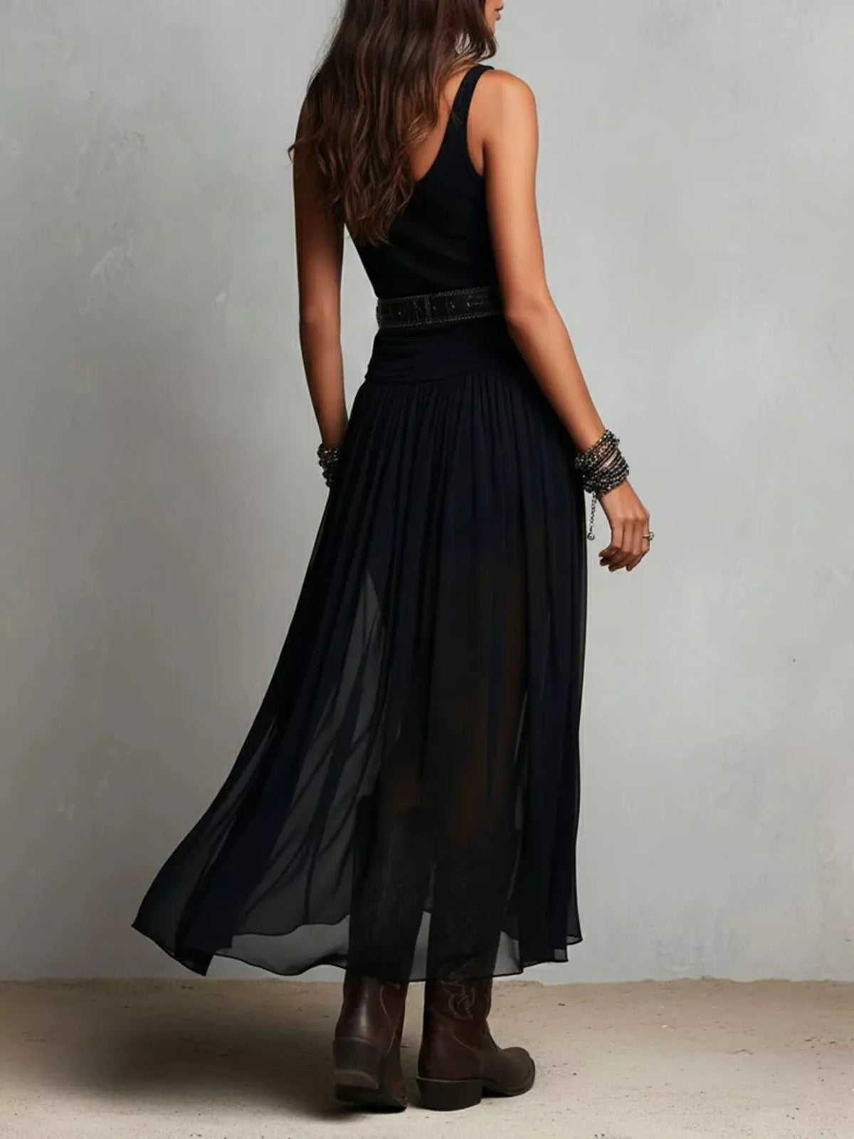Trendsi black sleeveless maxi dress with flowing sheer skirt and belt detail