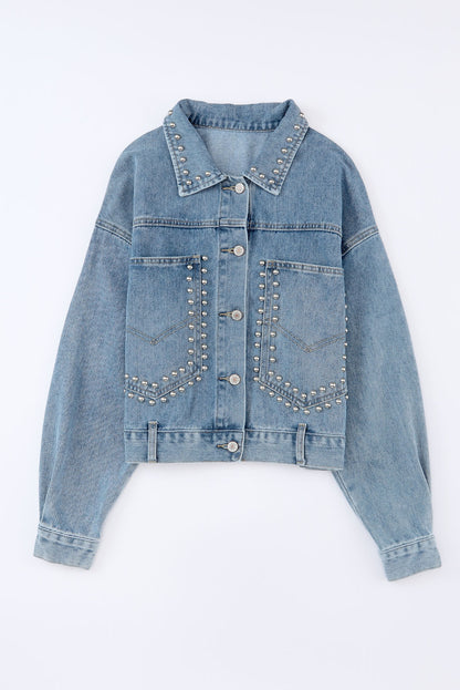 Sky Blue Rivet Studded Pocketed Denim Jacket