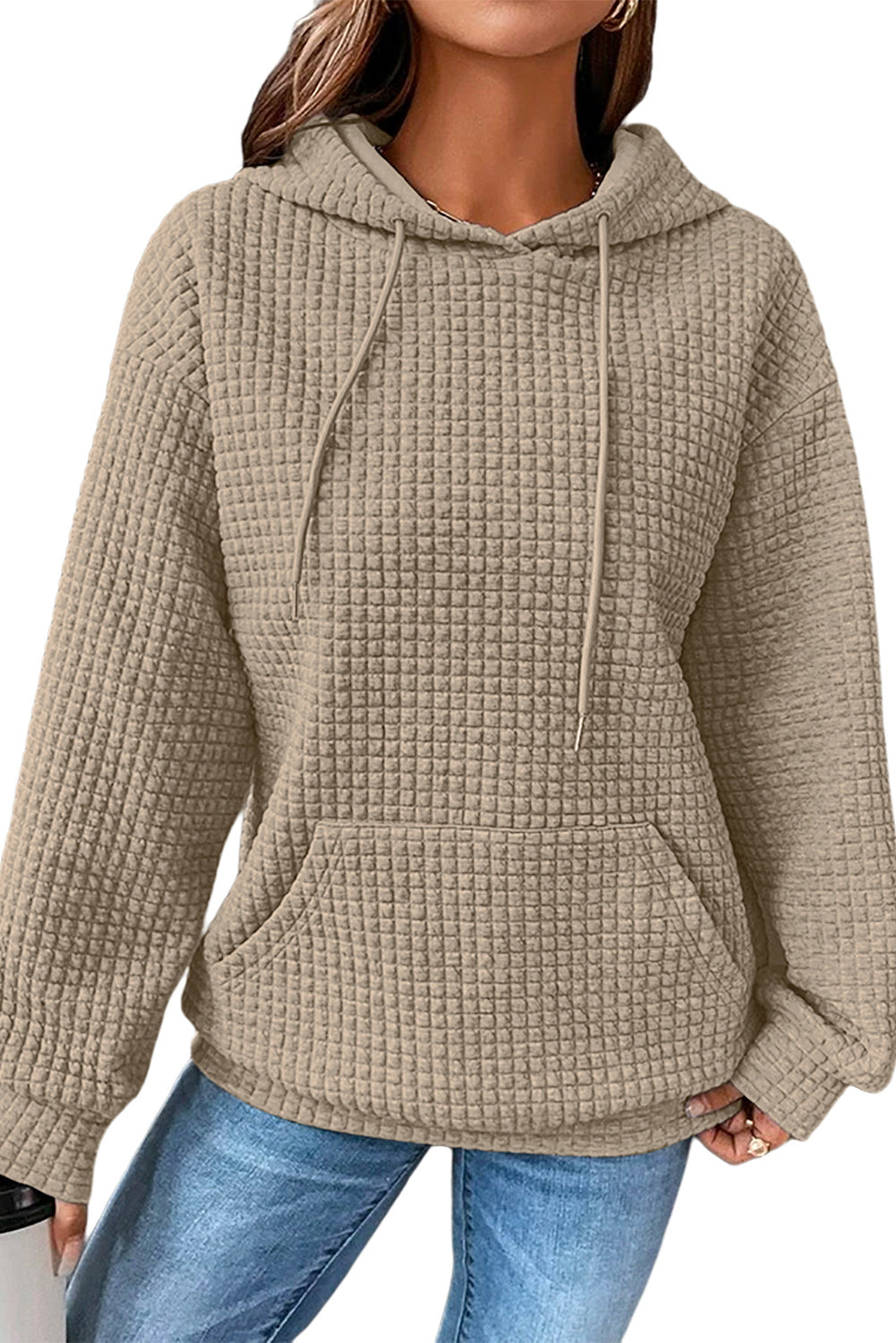 Khaki Quilted Kangaroo Pocket Drawstring Hoodie