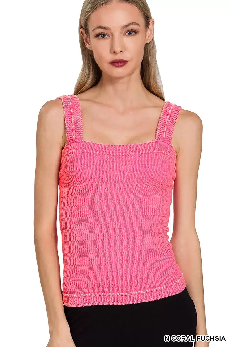 Erina's Boutique coral fuchsia tank top cotton with smocked texture and wide straps