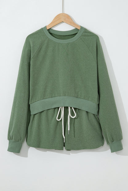 Green Fleece Two-piece Cropped Pullover and Shorts Set