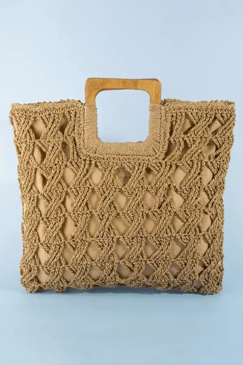 Erina's Boutique woven tote bag tote bag with wooden square handles in natural beige color