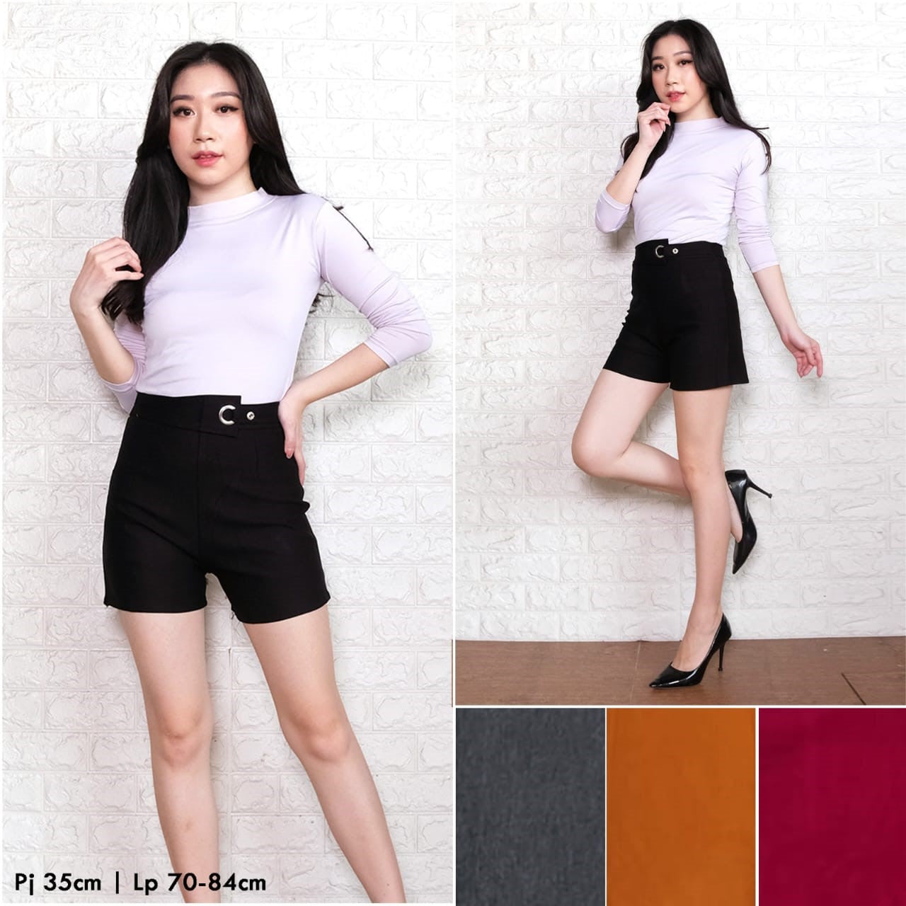 Woman wearing black Korean style short pants for women paired with a white long sleeve top from Erina's Boutique