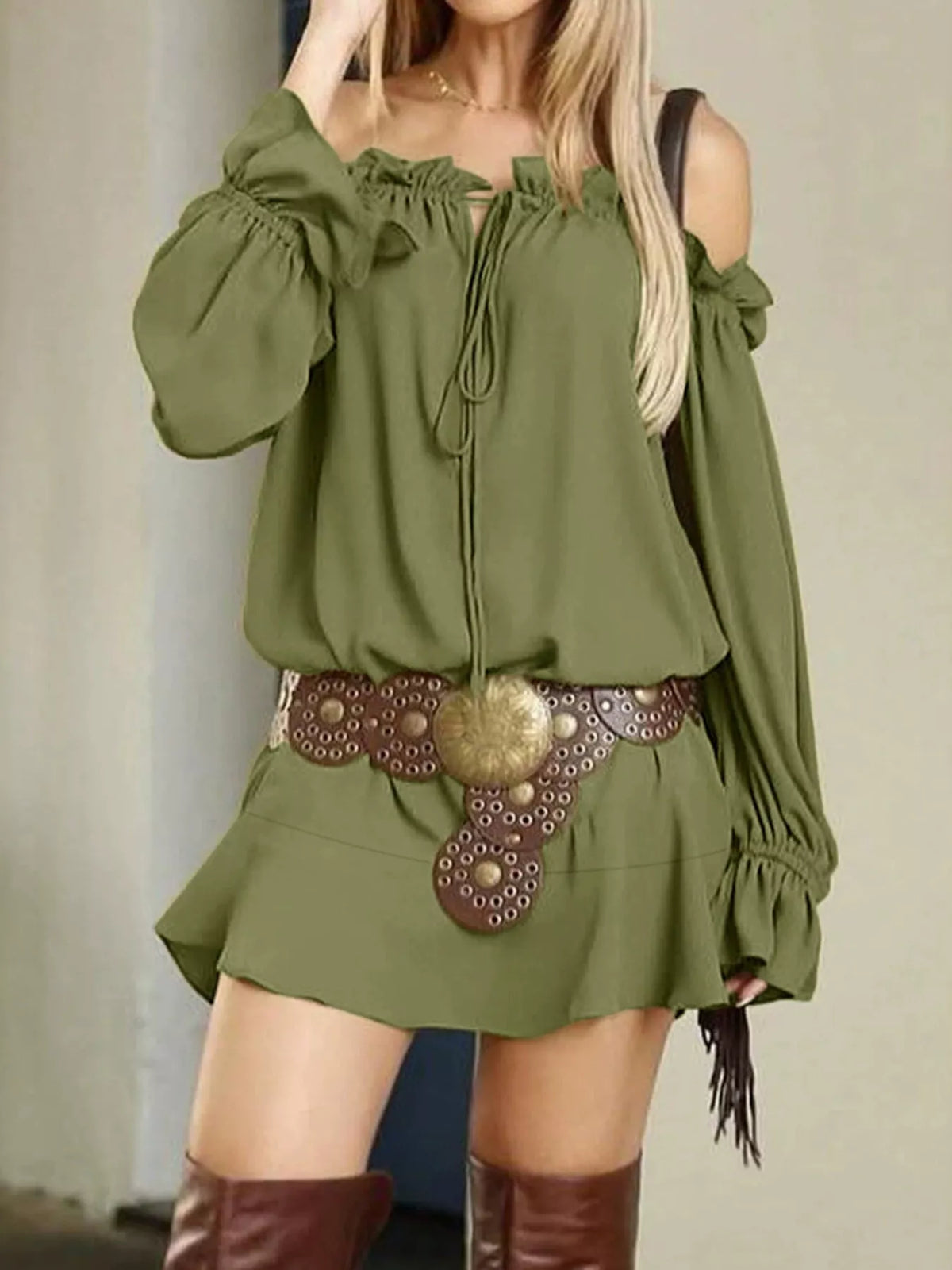 Erina's Boutique olive green dress mini dress with long sleeves and off shoulder design