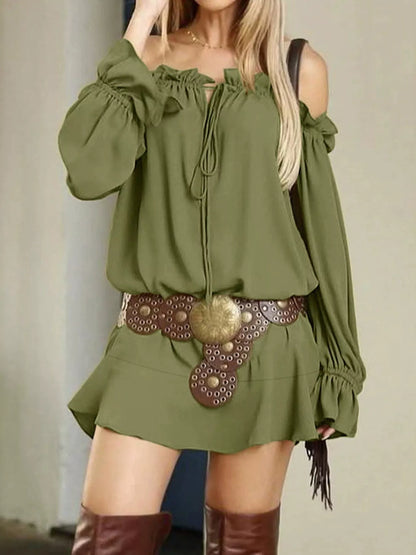 Erina's Boutique olive green dress mini dress with long sleeves and off shoulder design