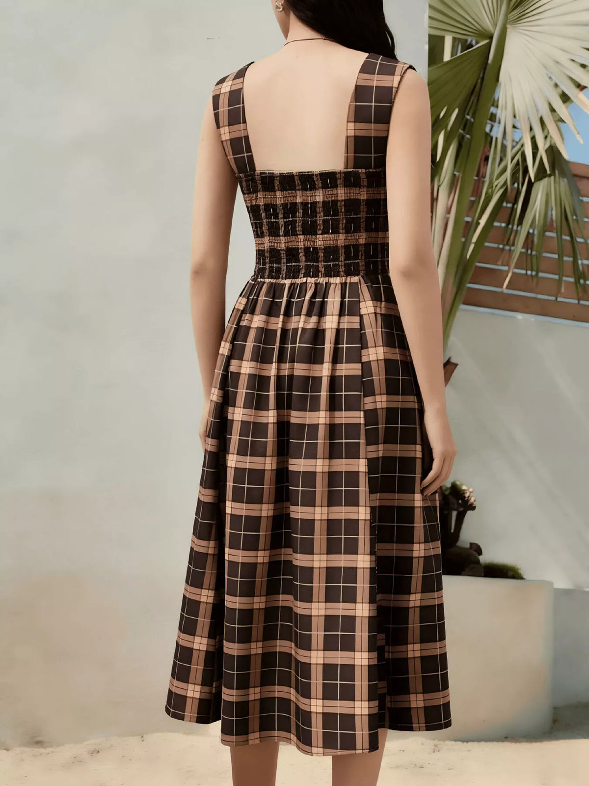Erina's Boutique sleeveless plaid midi dress with smocked back and square neckline
