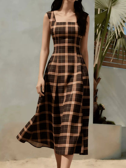 Erina's Boutique brown plaid sleeveless midi dress with square neckline and flowing skirt