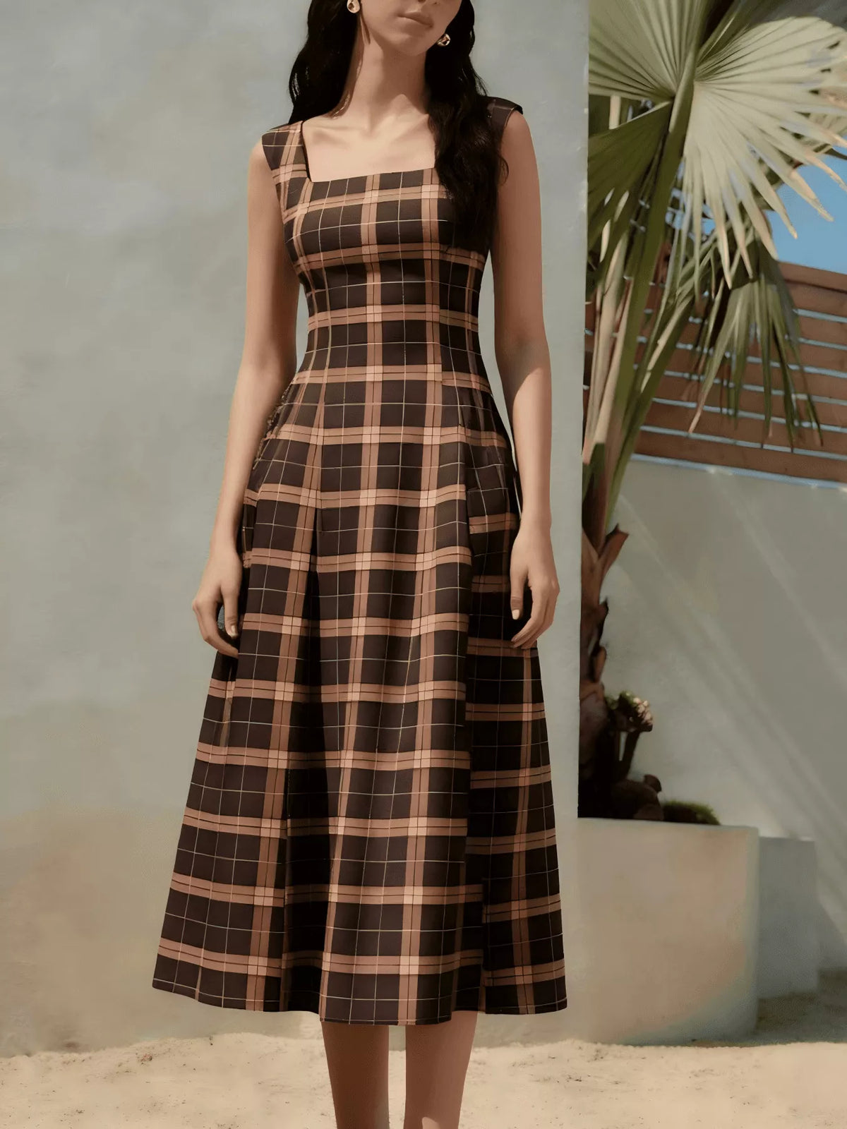 Erina's Boutique brown plaid midi dress with square neckline and sleeveless design