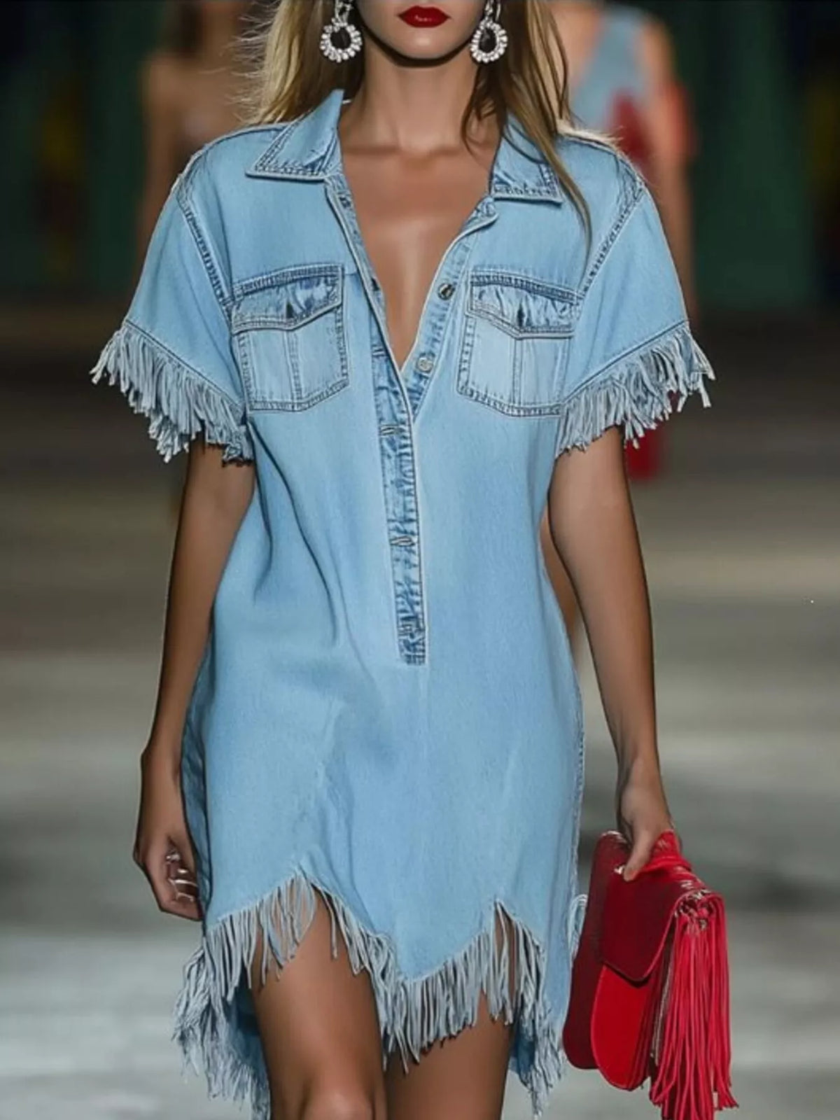 Denim fringe hem plus size dress clothes for women featuring short sleeves and chest pockets