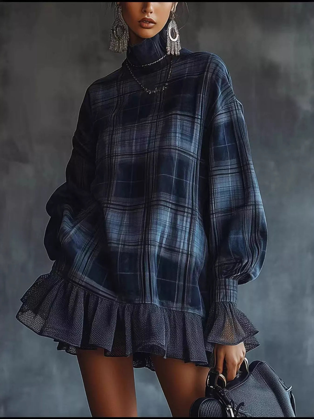 Erina's Boutique plaid plus size dress clothes for women with long puff sleeves and ruffled hem