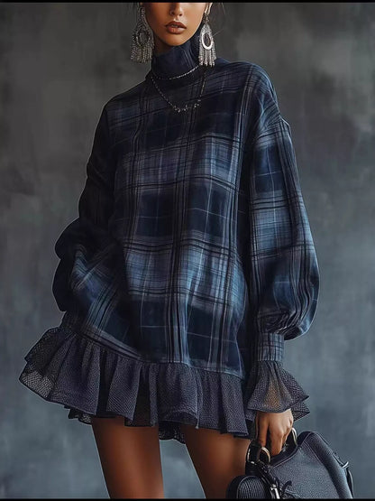 Erina's Boutique plaid plus size dress clothes for women with long puff sleeves and ruffled hem