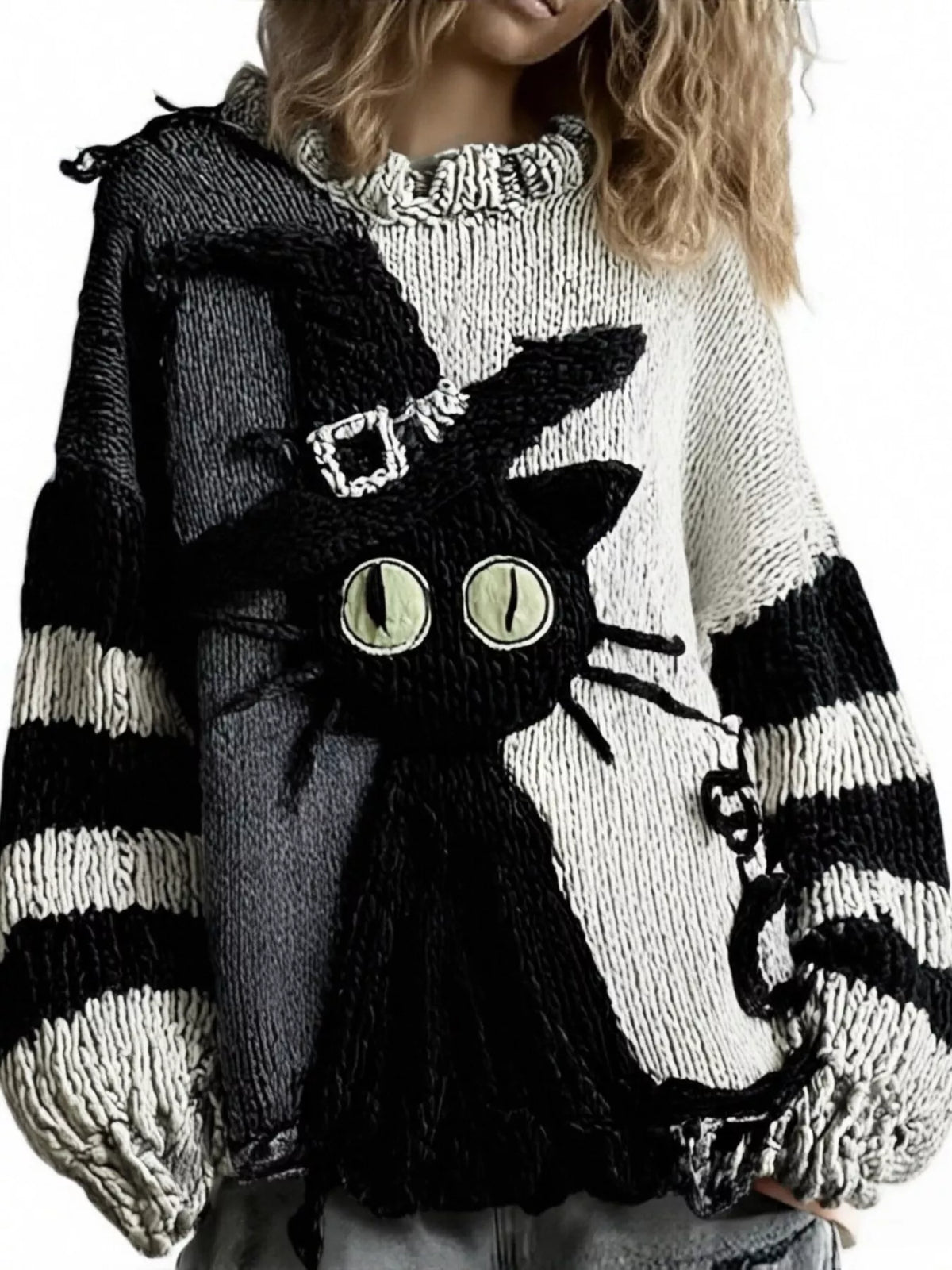 Erina's Boutique pullover sweater oversized with black and white stripes and a large black cat design