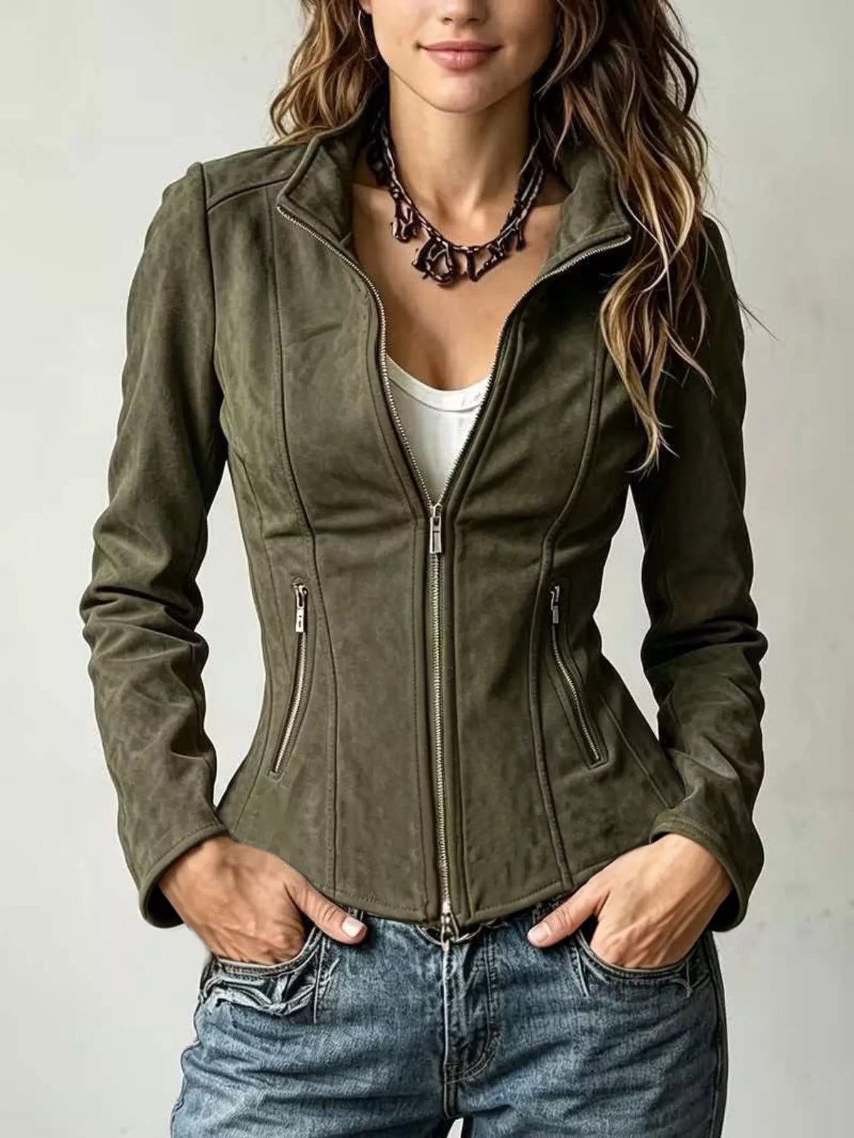 Erina's Boutique olive green jacket zip up with fitted design and zippered pockets for casual wear