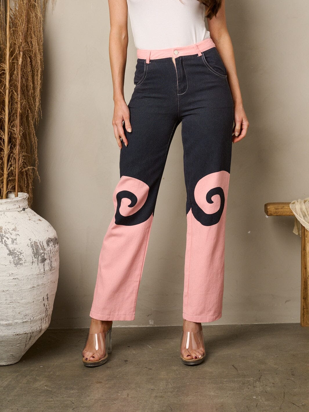 WOMEN'S STRAIGHT LEG POCKETS COLORBLOCK DENIM PANTS