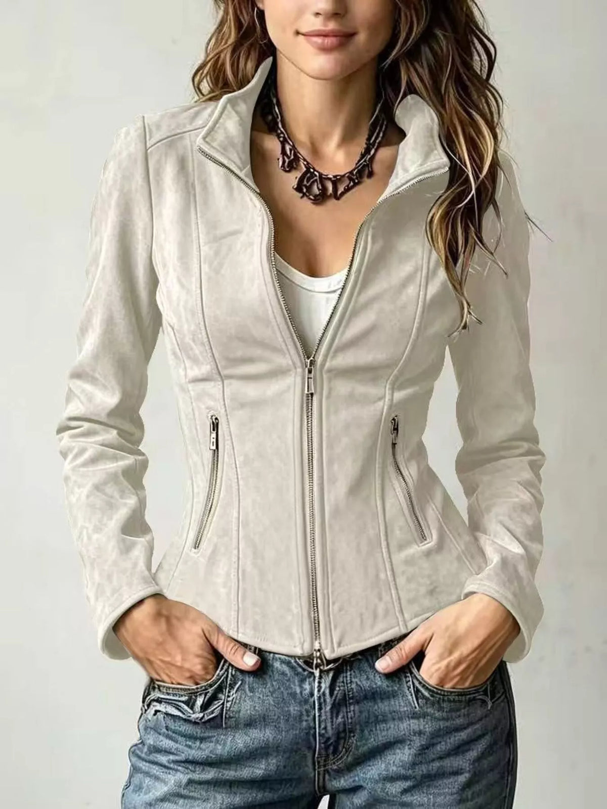 Erina's Boutique stylish beige jacket zip up with front pockets and fitted design for women
