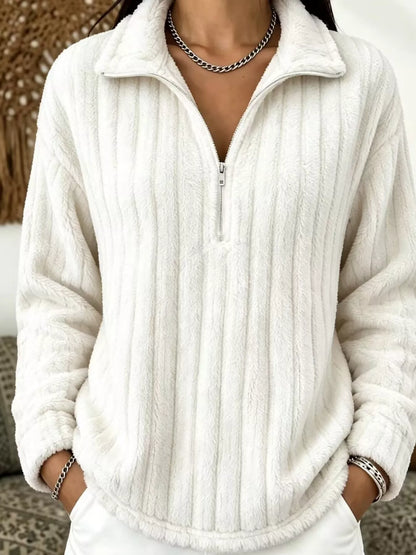 Erina's Boutique women's quarter-zip pullover sweatshirt in soft white with ribbed texture and relaxed fit