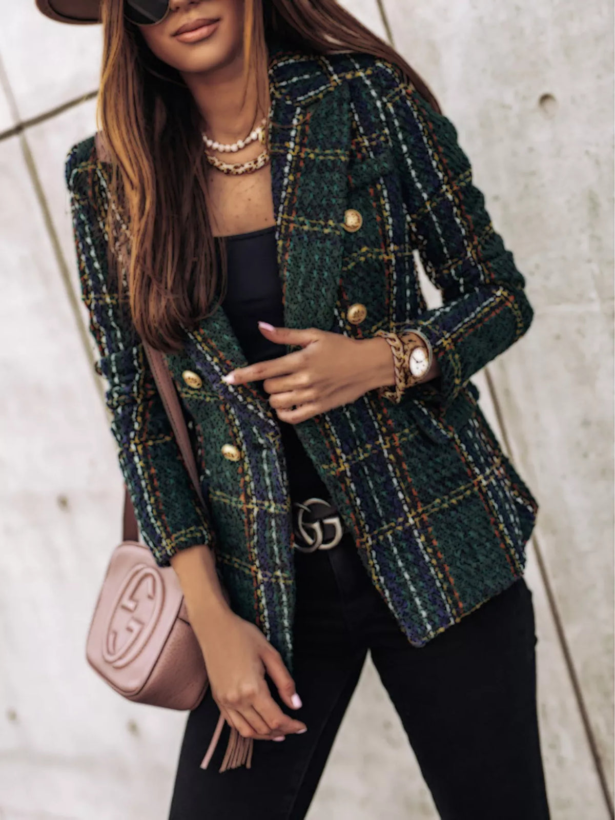 Erina's Boutique women's tweed blazer in dark green with gold buttons and plaid pattern