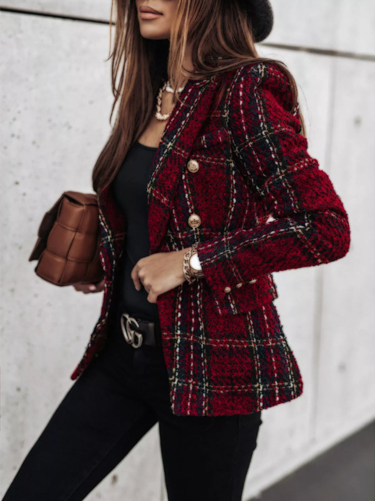 Erina's Boutique women's tweed blazer in red plaid with gold buttons styled with black outfit and brown handbag