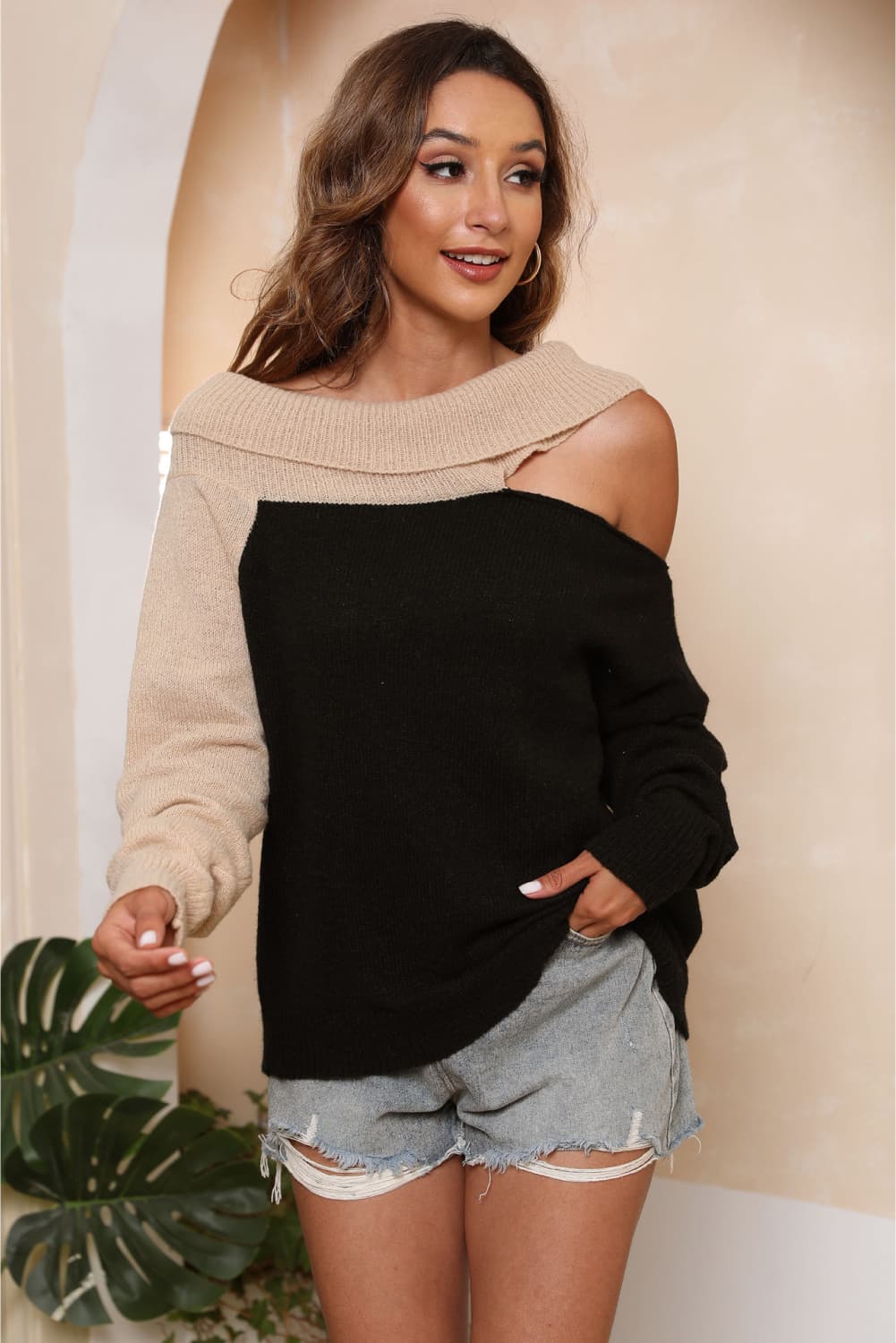 Two-Tone Cutout Sweater