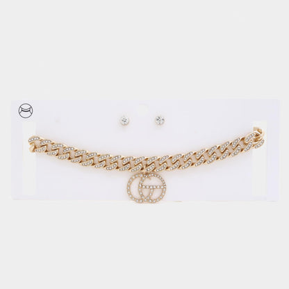 Çift Daire Rhinestone Charm Kaldırım Bağlantı Gerdanlık Kolye