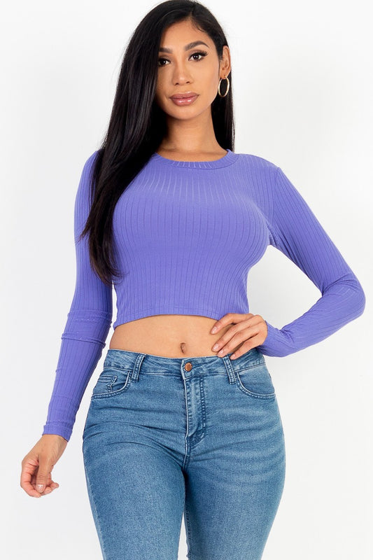 Uzun Kollu Yuvarlak Yaka Basic Crop Top