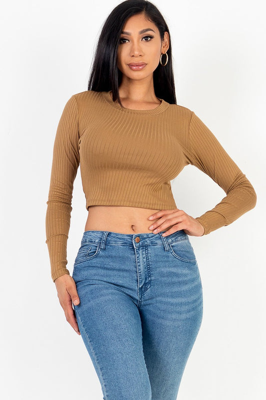 Uzun Kollu Yuvarlak Yaka Basic Crop Top