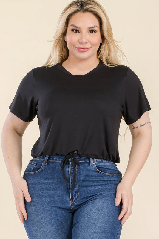 Büyük Beden Önü Bağlamalı Kısa Kollu Crop Top