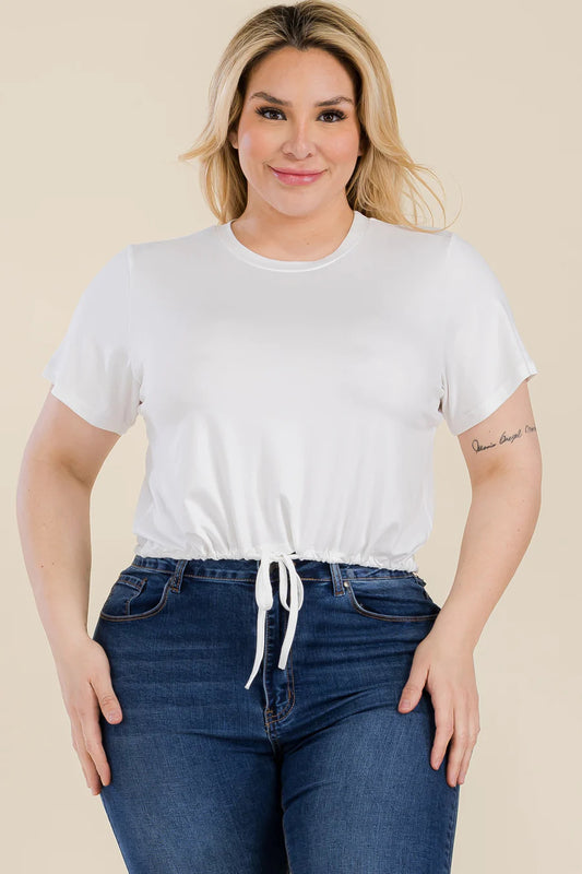 Büyük Beden Önü Bağlamalı Kısa Kollu Crop Top