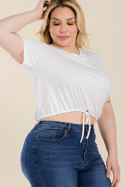 Büyük Beden Önü Bağlamalı Kısa Kollu Crop Top