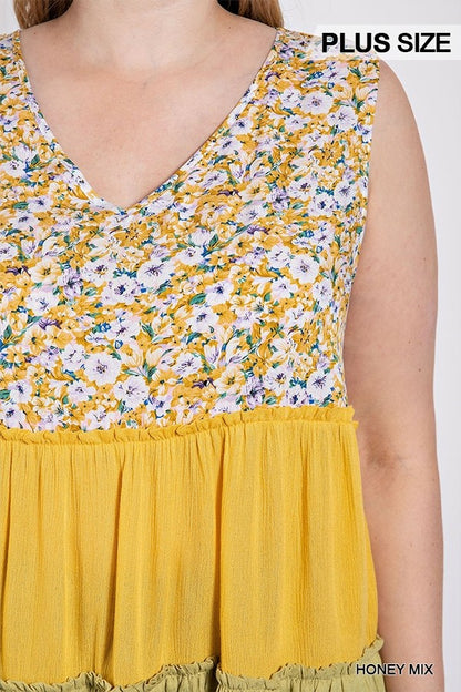 Floral Color Block Ruffle Detail Tiered V-neck Top