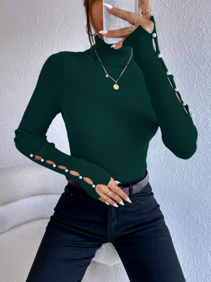 Cutout Turtleneck Rib-Knit Top