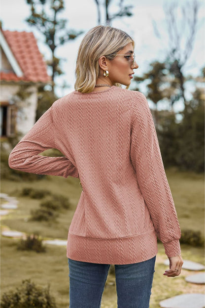 Back view of woman wearing pink women's trendy square neck top with textured knit design