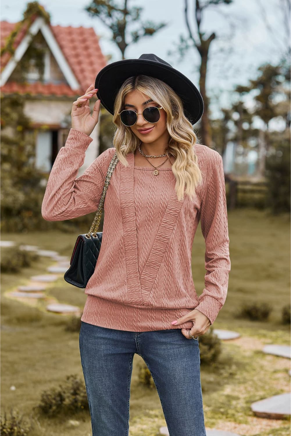 Erina's Boutique women's trendy square neck top in dusty pink with long sleeves styled with jeans and black hat