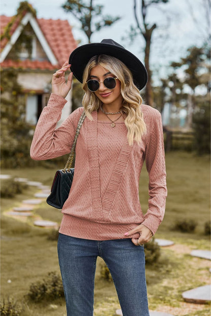 Erina's Boutique women's trendy square neck top in dusty pink with long sleeves styled with jeans and black hat